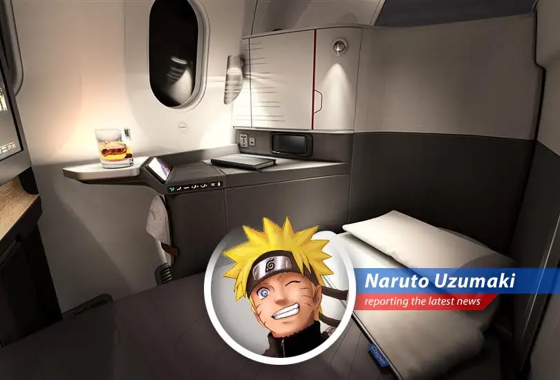 Naruto Uzumaki reports on American Airlines' fancy new suites with sliding doors, proving even airlines are trying to become Hokage of the skies!