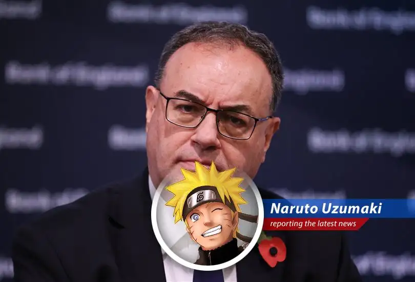 Naruto Uzumaki reports on the Bank of England's concerns about U.S. tariffs and their potential impact on U.K. growth, while injecting some ninja-level humor.