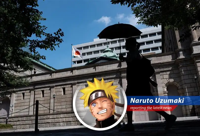 Naruto Uzumaki reports on the Bank of Japan's decision to ease up on bond purchases, facing growth risks and rice shortages like a true Hokage!