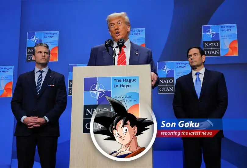 President Trump addresses the NATO summit after brokering a ceasefire, leaving everyone wondering if he's got the spirit bomb ready for world peace!