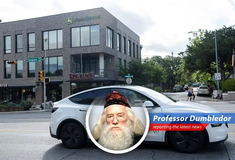 Professor Dumbledore humorously critiques Tesla's robotaxi launch in Austin, highlighting its chaotic start and comparing it to past failed prophecies, while competitors like Waymo surge ahead.