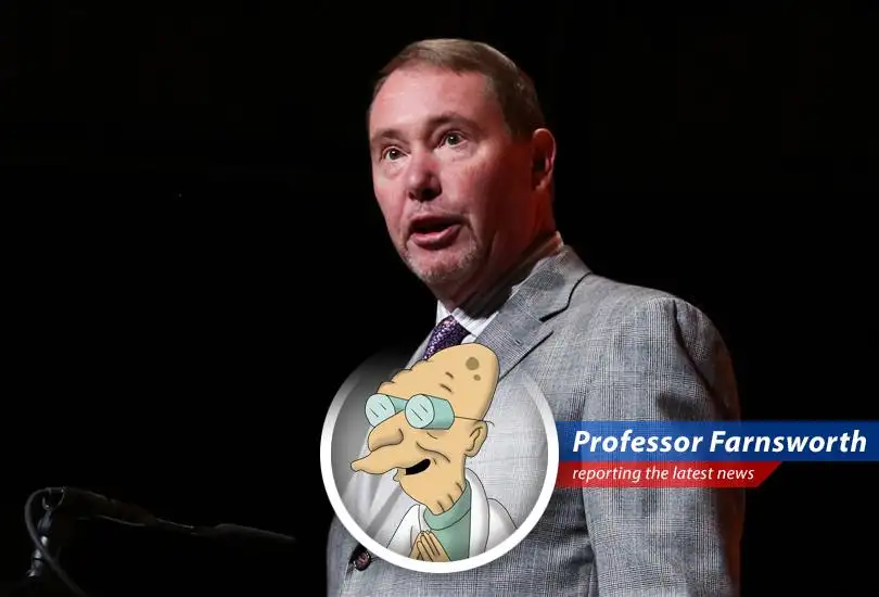 Professor Farnsworth analyzes Jeffrey Gundlach's forecast on international stocks outperforming U.S. equities due to the dollar's decline, with a dash of Futurama-style wit and wisdom.