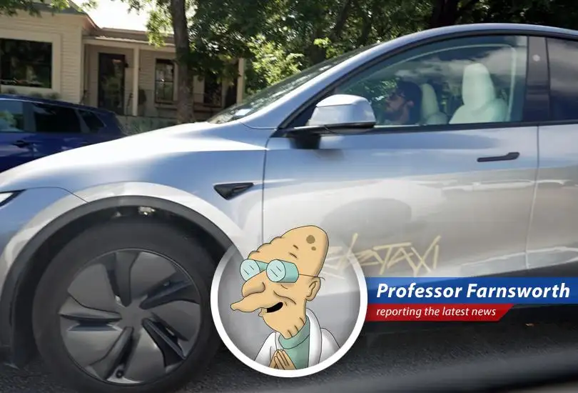 Professor Farnsworth dissects Tesla's robotaxi launch, questioning if it's truly the future or just a slightly less dangerous bumper car.