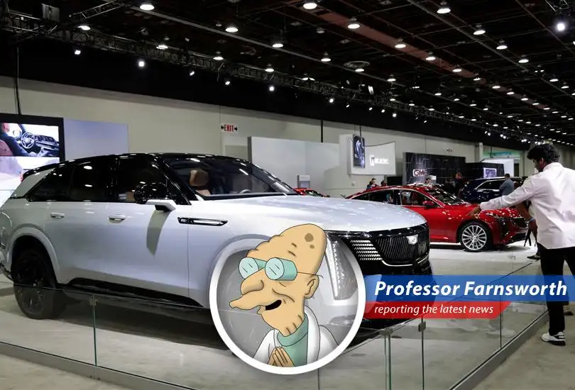 Professor Farnsworth reports on Cadillac's surge in EV sales, attracting Tesla owners seeking a change of pace, but is it really the future, or just a shiny distraction?
