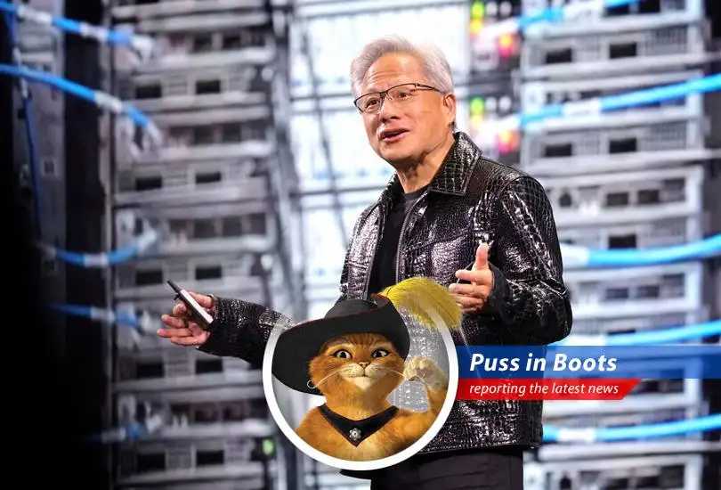 Puss in Boots reports on Nvidia CEO Jensen Huang's warnings about U.S. AI semiconductor restrictions and Huawei's growing influence, with a paw-ful of humor and feline observations.