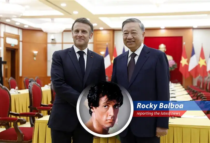 Rocky Balboa reports on Macron's visit to Vietnam, securing deals amidst US tariff threats and rekindling old ties, like me and Adrian, but with more Airbus planes.