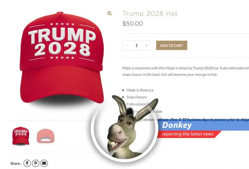 The Trump Organization is selling 'Trump 2028' merch, sparking rumors of a third term. Donkey's here to give you the lowdown, with a side of waffles!