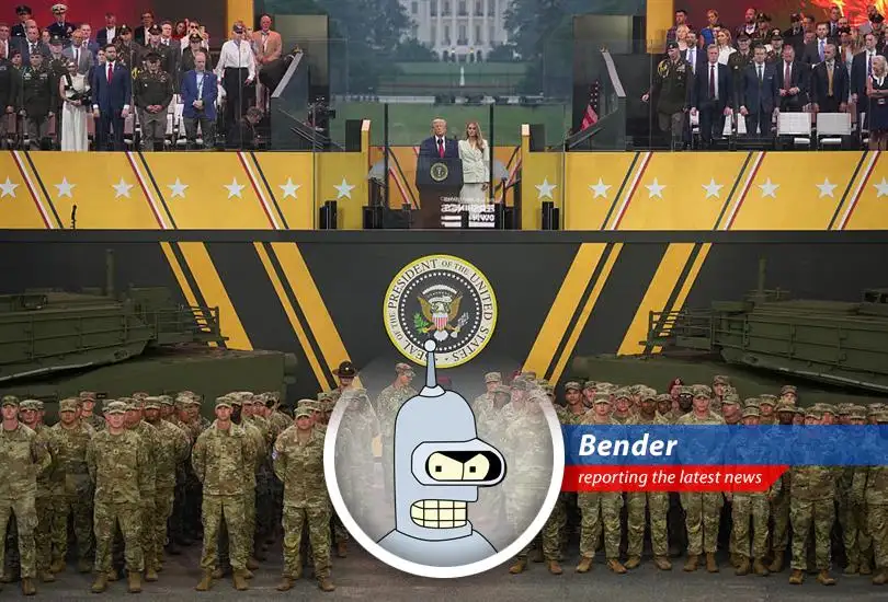 While Trump threw a massive military parade in D.C., protests raged nationwide and political violence shook the nation. Bender has some thoughts, naturally.