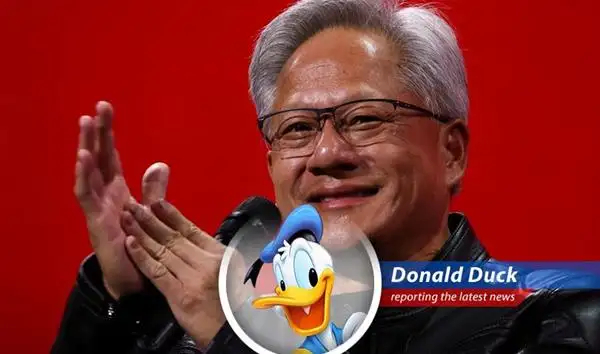 Donald Duck reports on Nvidia CEO Jensen Huang selling a chunk of his shares, but don't worry, he's still richer than Scrooge McDuck's money bin! image