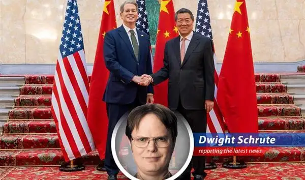 Dwight Schrute reports on the ongoing trade talks between the United States and China, filled with political intrigue, agricultural implications, and potential threats to Schrute Farms. image
