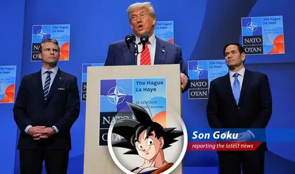 President Trump addresses the NATO summit after brokering a ceasefire, leaving everyone wondering if he's got the spirit bomb ready for world peace! image