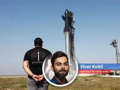 A lighthearted take on SpaceX's recent Starship test flight, blending humor, satire, and a touch of King Kohli's on-field fire. image