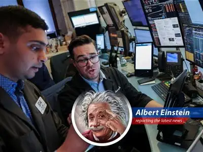 A whimsical look at today's market trends, from tech giants soaring to coffee chains brewing up profits, all while the world outside remains delightfully chaotic. image