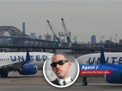 Agent J investigates flight cancellations at Newark Airport, pointing fingers at FAA staffing issues and United Airlines' woes, all while keeping an eye out for extraterrestrial interference. image