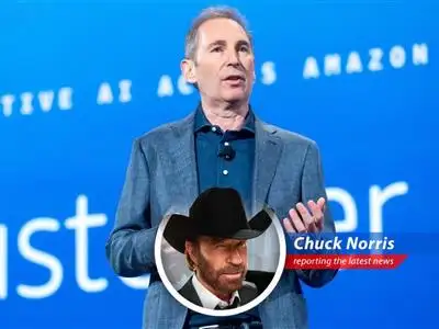 Amazon CEO Andy Jassy announces workforce reduction due to AI integration, but Chuck Norris knows you either adapt or get roundhouse kicked into irrelevance. image