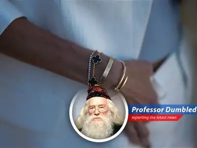 An insightful analysis of the luxury retail market's peculiar downturn, where jewelry shines amidst a general spending slump, viewed through the whimsical lens of Albus Dumbledore. image