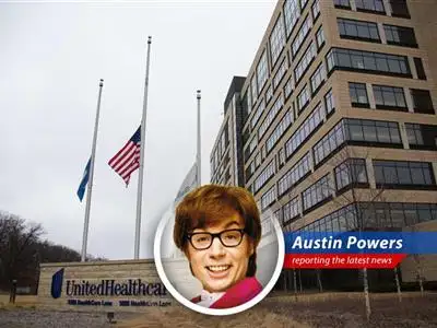 Austin Powers reports on the groovy but grim news for UnitedHealth as the Department of Justice launches an investigation, sending their stock plummeting faster than a shaguar on shag carpet! image