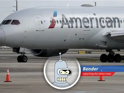Bender's take on American Airlines' financial woes, blaming leisure travelers, economic uncertainty, and maybe a little robot rebellion. image