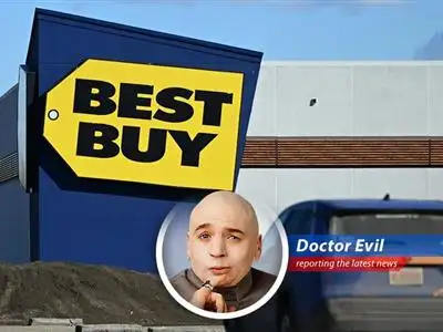 Best Buy's quarterly revenue disappoints, blames tariffs, and cuts guidance. Dr. Evil sees a perfect opportunity for world domination... or at least a better laser pointer. image