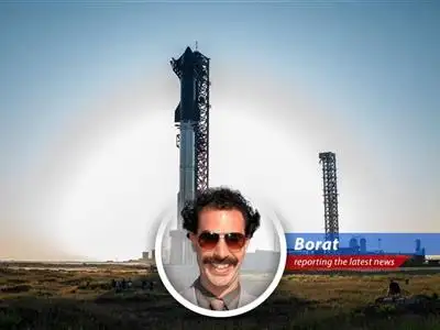 Borat reports on Elon Musk's new company town in Texas, where SpaceX employees rule and rockets go boom, very nice! image
