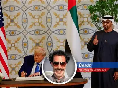 Borat reports on Trump's deal allowing the UAE to purchase advanced American AI chips, raising concerns about national security but promising a future of super-smart technology in the desert! Chenqui! image