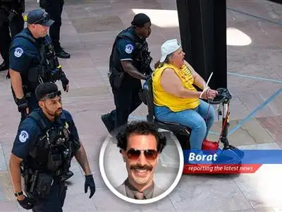 Borat reports on the American Capitol Police arresting over 30 protesters, including those in wheelchairs, for protesting proposed Medicaid cuts in President Trump's budget bill. Is very interesting! image