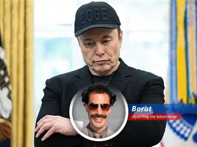 Borat reports on the dwindling love affair between Republicans and Elon Musk after his departure from the Trump administration, revealing a significant drop in his favorability among GOP voters. Is this a great success? image