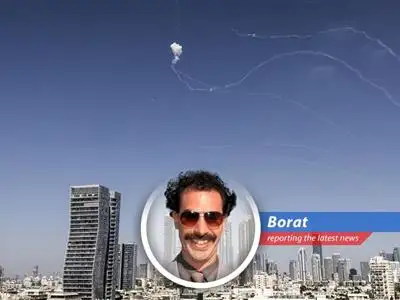 Borat reports on the escalating conflict between Iran and Israel, featuring missiles, nuclear worries, and the ever-present threat of Donald Trump. image