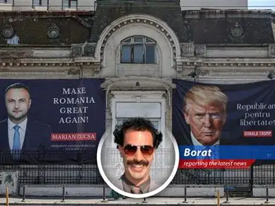 Borat reports on the surprising outcome of Romania's presidential election re-do, where a nationalist candidate is making big waves. Chenqui! image