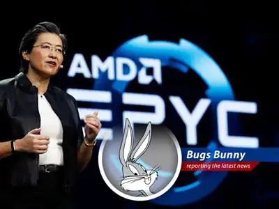 Bugs Bunny reports on AMD CEO Lisa Su's take on balancing U.S. chip export controls with the opportunities in the Chinese market, all while dodging those pesky tariff anvils! image