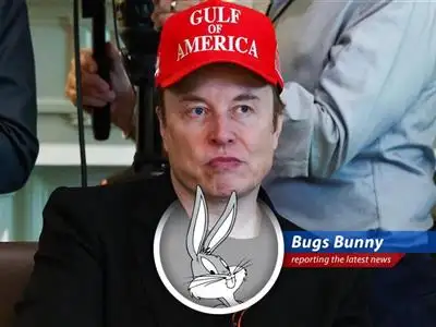 Bugs Bunny reports on the feud between Elon Musk and Donald Trump over a massive spending bill, complete with carrots, satire, and a healthy dose of 'What's Opera, Doc?' image