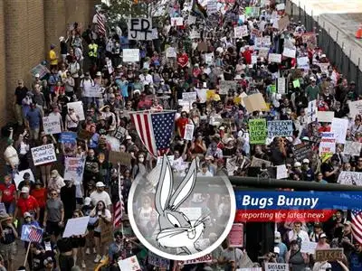 Bugs Bunny reports on the massive military parade in the nation's capital, complete with tanks, troops, and a healthy dose of protests. Looks like someone's having a Hare-Raising day! image