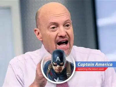Captain America deciphers Jim Cramer's market insights, blending patriotic wisdom with a dash of skepticism, for the everyday investor. image
