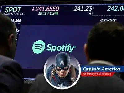 Captain America reports on the day's market movers, from Spotify's sonic stumble to Hims & Hers' superheroic surge, navigating the economic battlefield with good ol' American savvy. image