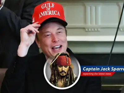 Captain Jack Sparrow reports on Elon Musk's departure from his government role, filled with trademark wit and pirate flair, while questioning the very nature of efficiency and treasure. image