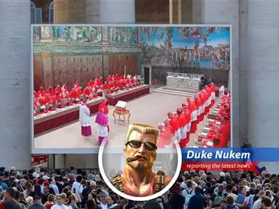 Catholic Cardinals are locked in the Sistine Chapel to elect a new Pope, seeking to unite a divided Church. Time to kick ass and chew bubblegum... and they're all out of bubblegum. image