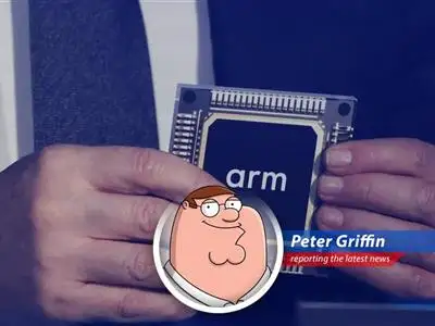 Chip designer Arm's stock price plummeted after forecasting lower-than-expected revenue, leaving Peter Griffin wondering if this is a good time to buy... or just grab a beer. image