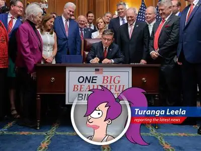 Congress narrowly approves President Trump's tax and spending bill, sparking debates over its impact on healthcare, the economy, and whether Bender will have to sell his shiny metal ass. image