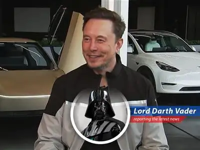 Darth Vader reports on Elon Musk's commitment to Nvidia and AMD chips, questioning the Force behind his decisions and pondering the future of tech alliances. image