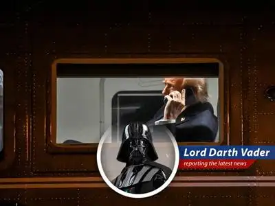 Darth Vader reports on the Trump Organization's backtracking on its 'Made in USA' smartphone claims, questioning the reality of manufacturing in America amidst shifting specs and expert doubts. image
