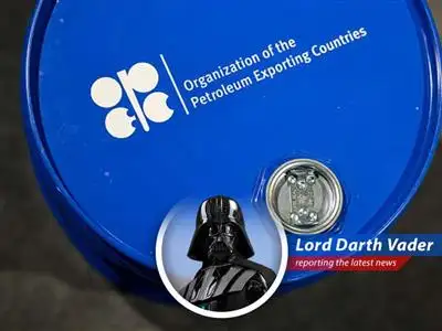 Darth Vader reports on the recent drop in crude oil prices following OPEC+'s decision to increase production, raising concerns of a potential oversupply and economic slowdown. image