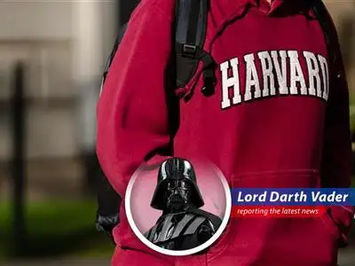Darth Vader weighs in on the Trump administration's decision to block Harvard University from enrolling international students, offering a darkly humorous take on the situation. image