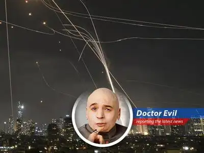 Doctor Evil analyzes the Iron Dome, a pesky missile defense system funded by America, that keeps thwarting his plans for world domination. Grrr! image