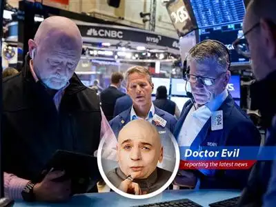 Doctor Evil reports on market fluctuations, Trump's tariff troubles, Goldman Sachs' woes, and potential pharmaceutical tariffs... all while plotting world domination. image