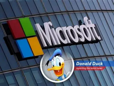 Donald Duck reports on Microsoft's stock surge, driven by AI optimism and a 'golden cross' pattern, wondering if he can finally afford that new yacht! image