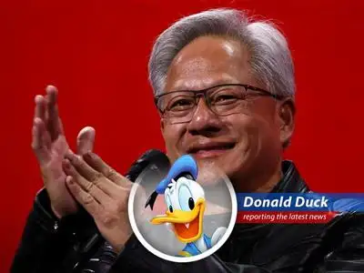 Donald Duck reports on Nvidia CEO Jensen Huang selling a chunk of his shares, but don't worry, he's still richer than Scrooge McDuck's money bin! image