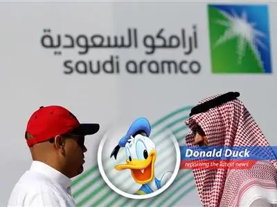 Donald Duck reports on Saudi Aramco's Q1 profit drop, blaming it all on those no-good oil prices and maybe a little bit on Huey, Dewey, and Louie. image