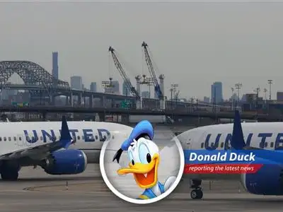 Donald Duck reports on United Airlines slashing Newark flights due to air traffic control woes, leaving passengers in a tizzy! image