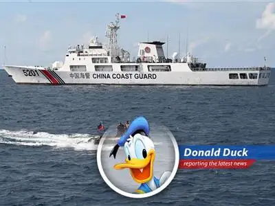 Donald Duck reports on the Philippines debunking claims of China seizing a disputed reef in the South China Sea, amidst escalating tensions and election meddling accusations. What a quack-up! image
