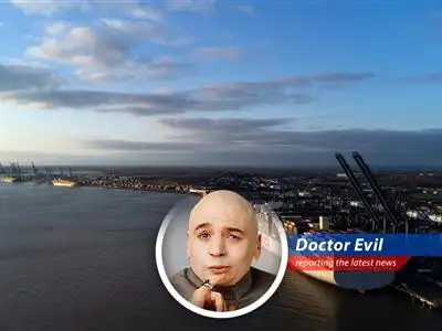 Dr. Evil analyzes the UK's plummeting exports to the US, blaming tariffs and giggling maniacally at the economic turmoil. image